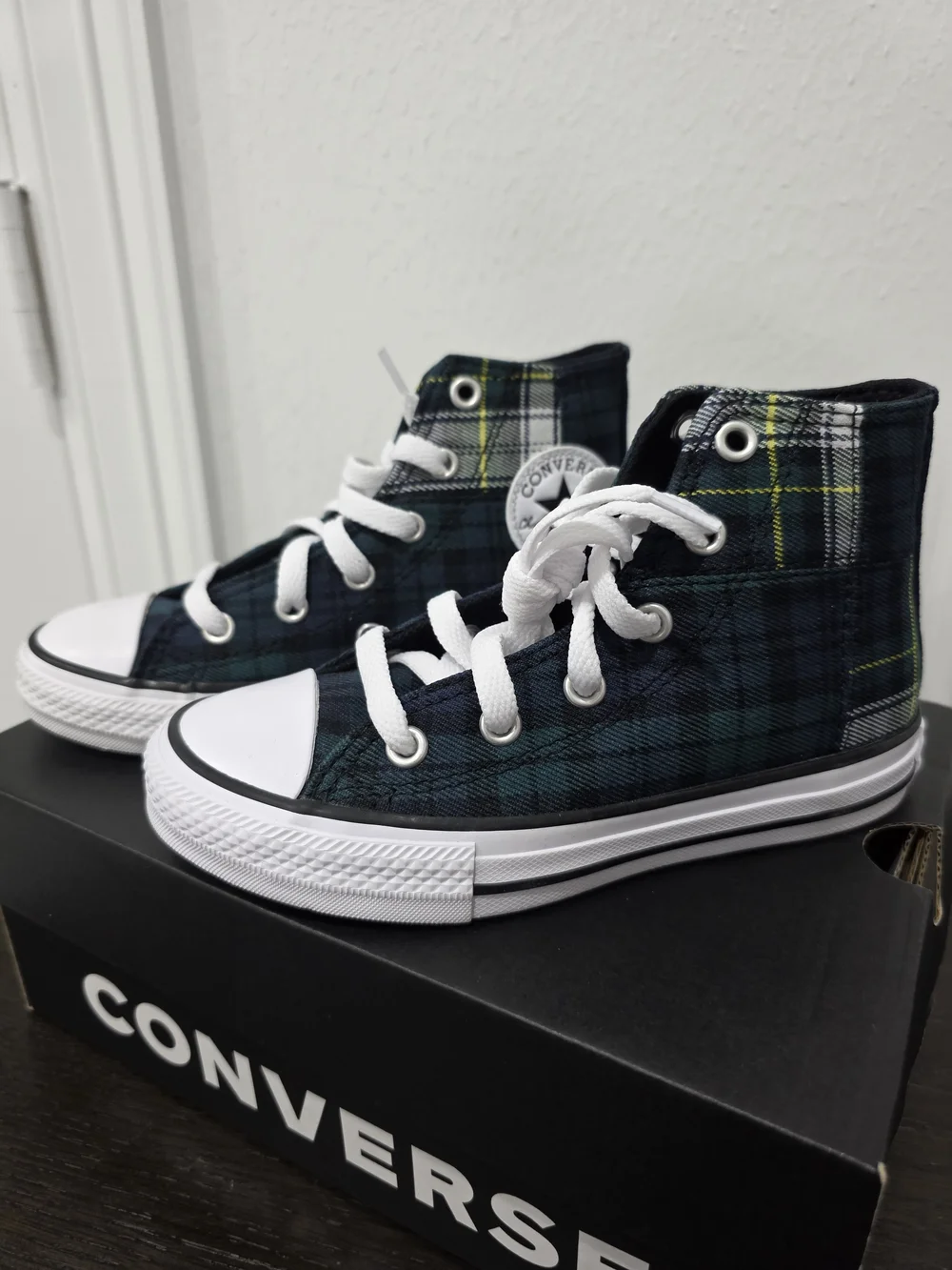 Converse All Star Navy Green Plaid High Top Sneakers